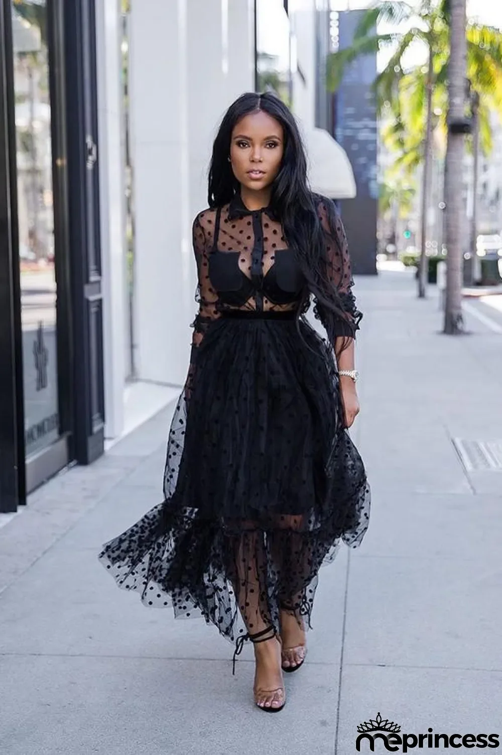 Black Polyester Fashion Sexy Cap Sleeve Long Sleeves Turndown Collar Pleated Ankle-Length lace Polka Dot p