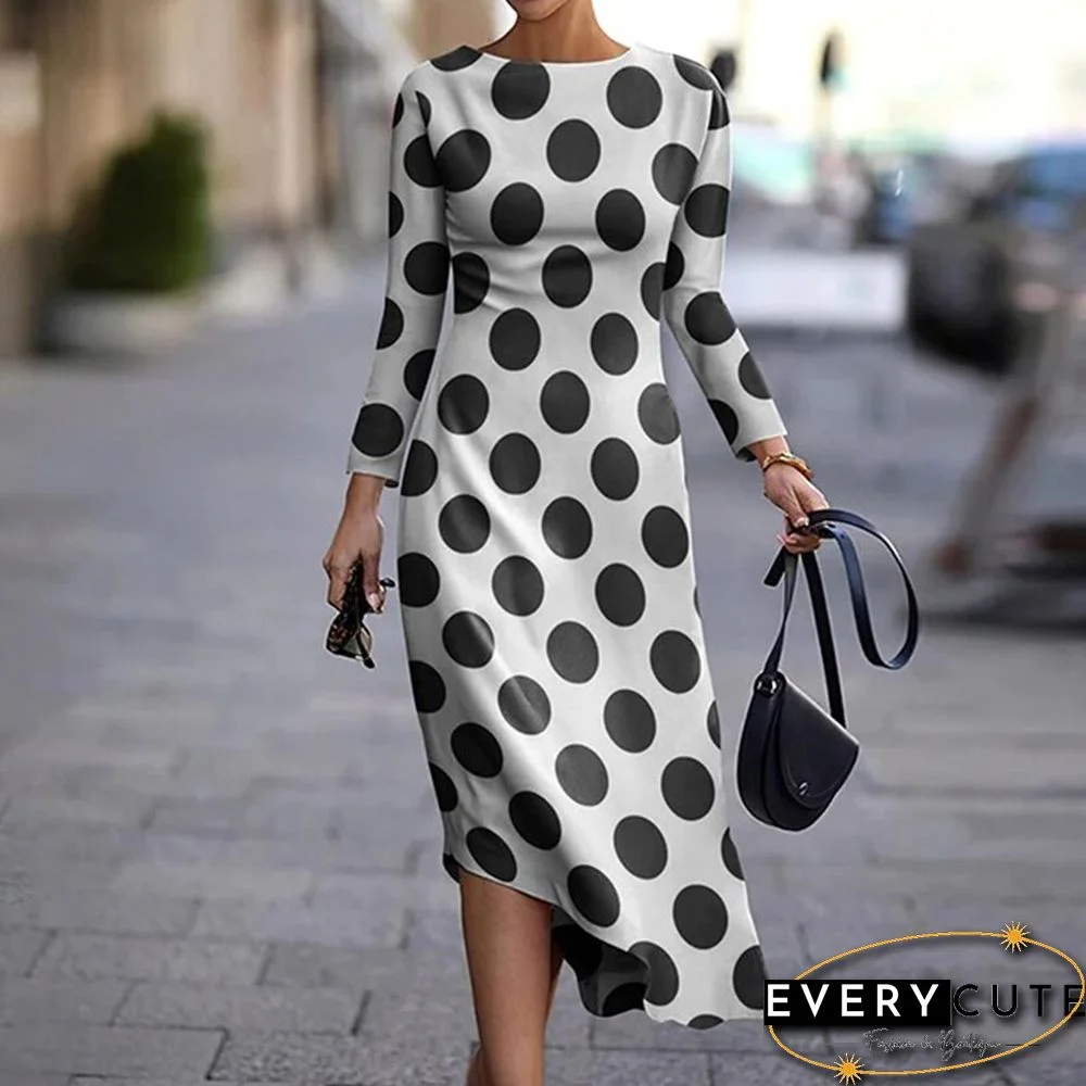 Elegant Long Sleeve O Neck Dress Women Autumn Fashion Floral Printed Asymmetric Dress Casual Slim Office Ladies Dresses New