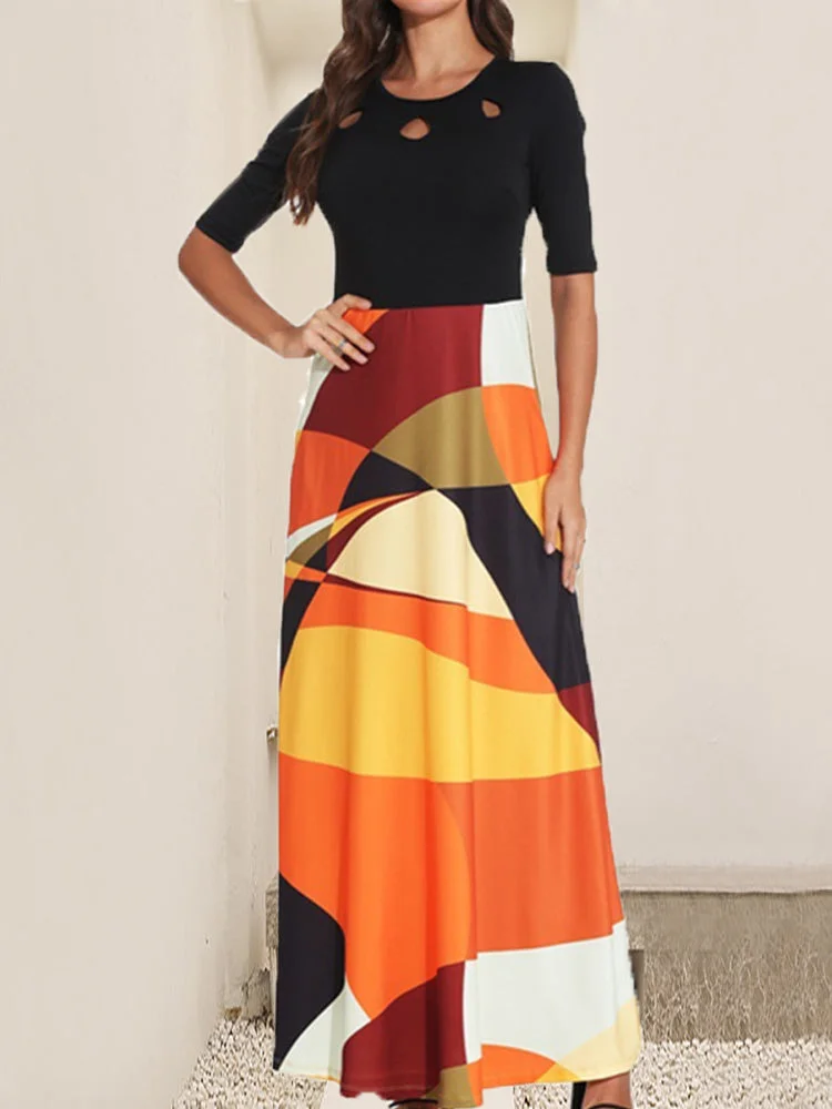 Women's Half Sleeve Scoop Neck Colorblock Hollow Printed Maxi Dress