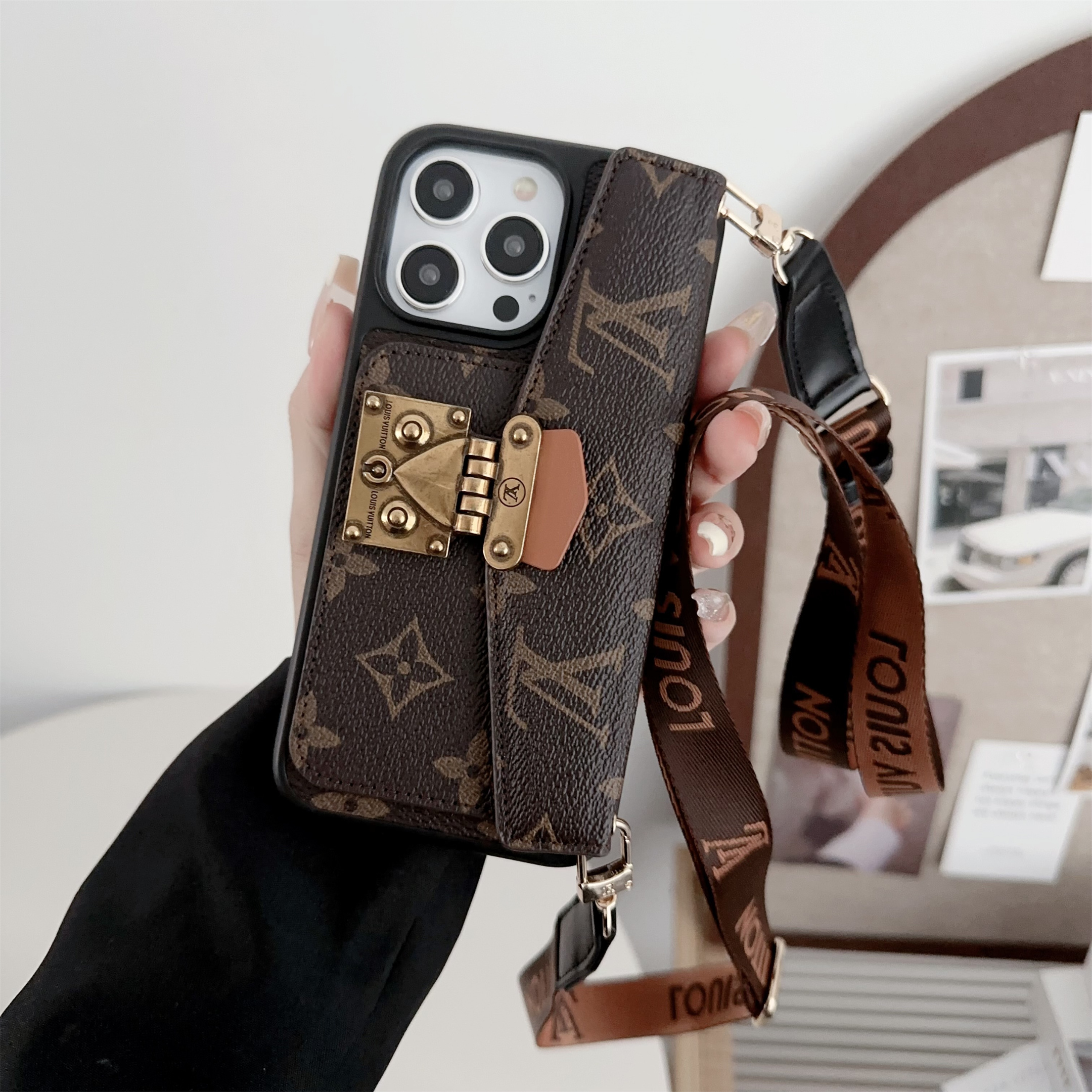 LV Dauphine Monogram Canvas Crossbody Postman Apple iPhone Wallet Case