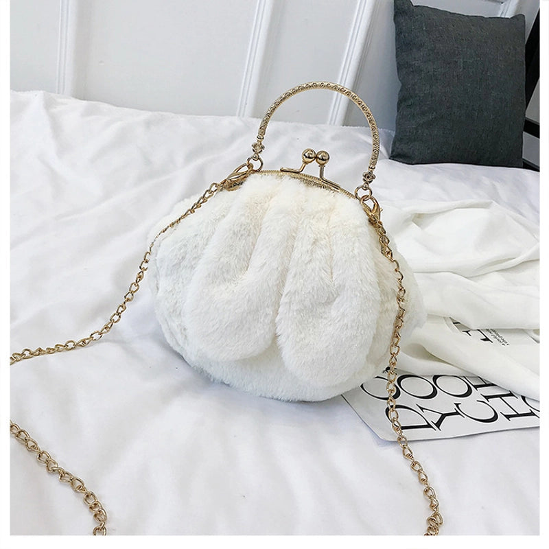 Women’s Plush Rabbit Solid Color Cute Round Lock Clasp Handbag Crossbody Bag