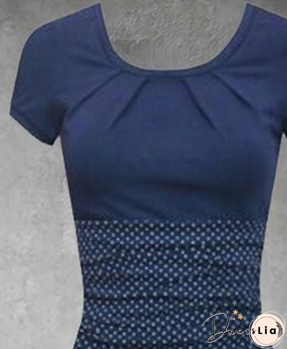 Deep Blue Knitted Short Sleeve Polka Dots Knitting Dress