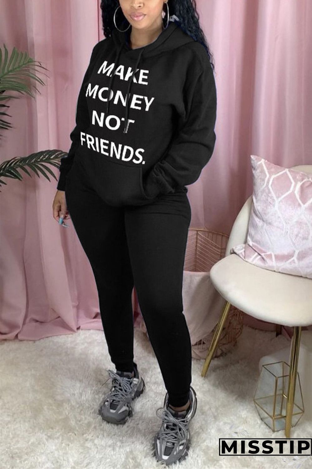 rose red Casual England Letter Print Solid Straight Long Sleeve Two Pieces