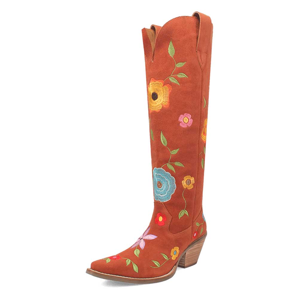 Orange Chunky Heel Floral Embroidered Over-the-Knee Cowgirl Boots Nicepairs