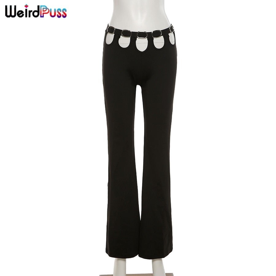 Weird Puss Y2K Chic Button Mid Waist Pants Women Summer Hollow Out Streetwear Flare Pants 2021 Fashion Casual Skinny Trousers