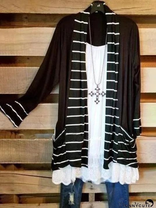 Black Striped Long Sleeve Cotton-Blend Outerwear