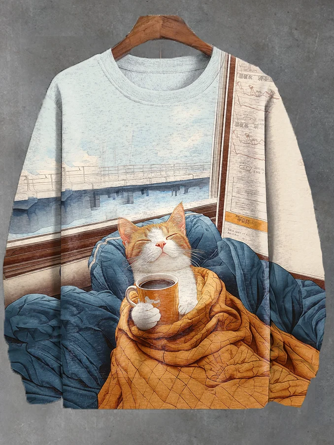 Men's Lazy Warm Home Coffee Cat Watercolor Print Casual Sweatshirt