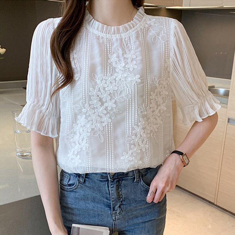 Lace Embroidery Chiffon Blouse Women Short Sleeve White Shirt Casual Summer Tops Blusas Mujer De Moda 2022 Blouses Femme 18927
