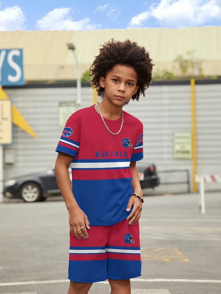 Buffalo Bills New Design Kids（5-14Y)' Casual Crew Neck T-shirt And Drawstring Shorts  2pcs/Set