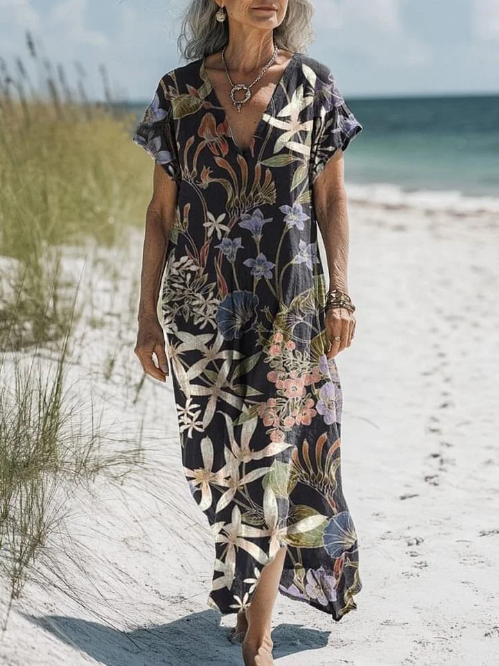 Night Tropical Floral Pattern Printed Women's Pocket Cotton Dress