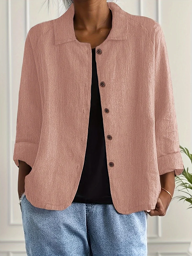 Women's Casual Solid Color Open Front Button-Up Shirt - Versatile Long Sleeve Blouse For Spring Summer Fall, Versatile Fashion Top, Seasonal Fashion, Classic Collar, Classic Style, Lightweight Fabric, Fall Fashion