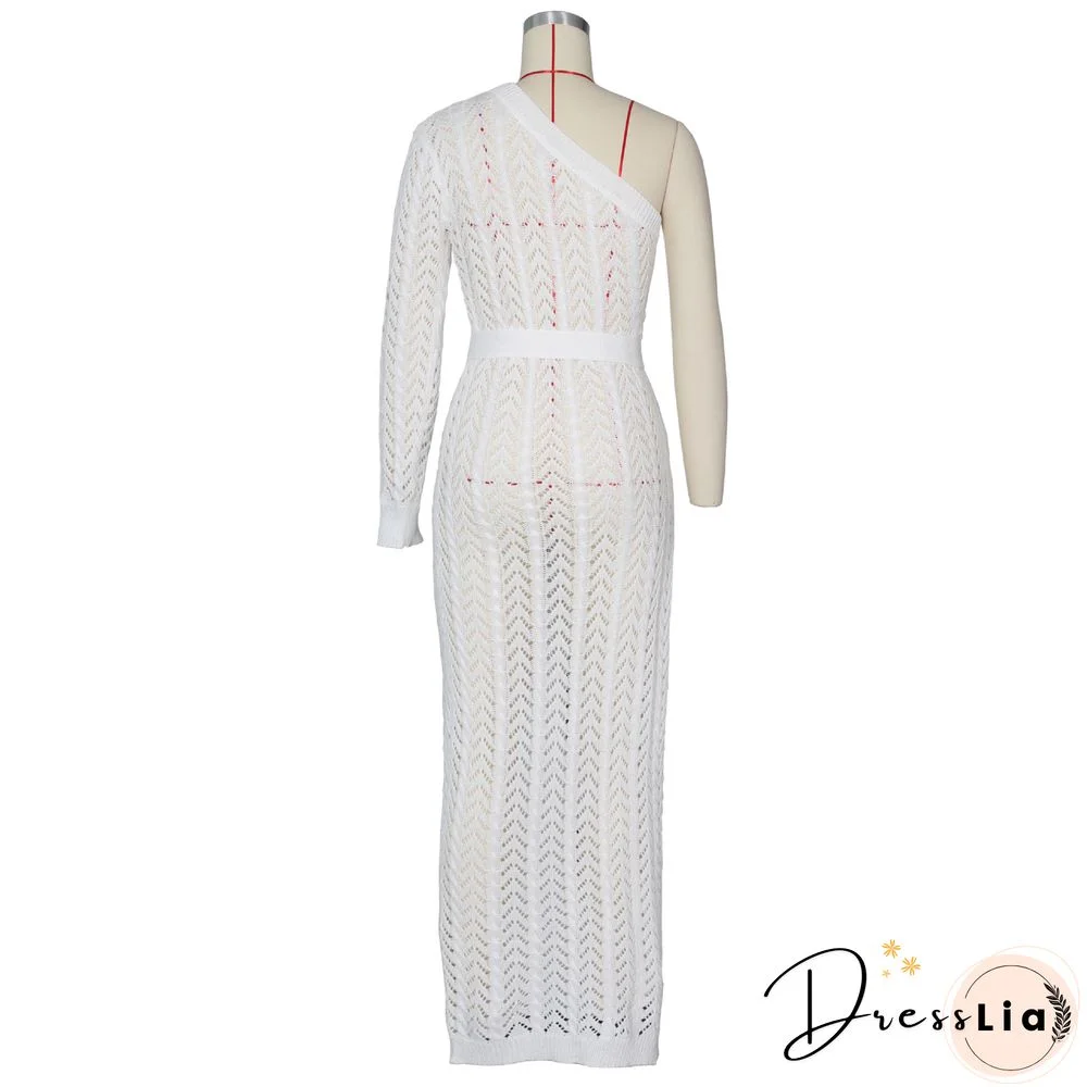 Women Sexy One Shoulder Long Sleeve Hollow Out Knitted High Slit Bodycon Maxi Club Party Beach Dress