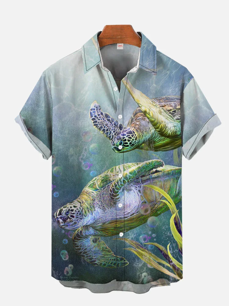 Underwater Wildlife Printed Turtle Lover Men's Hawaii Short Sleeve Shirt