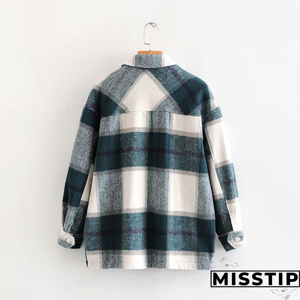 Classic Thick Colorblock Checked Button Down Shirt Jacket Woolen