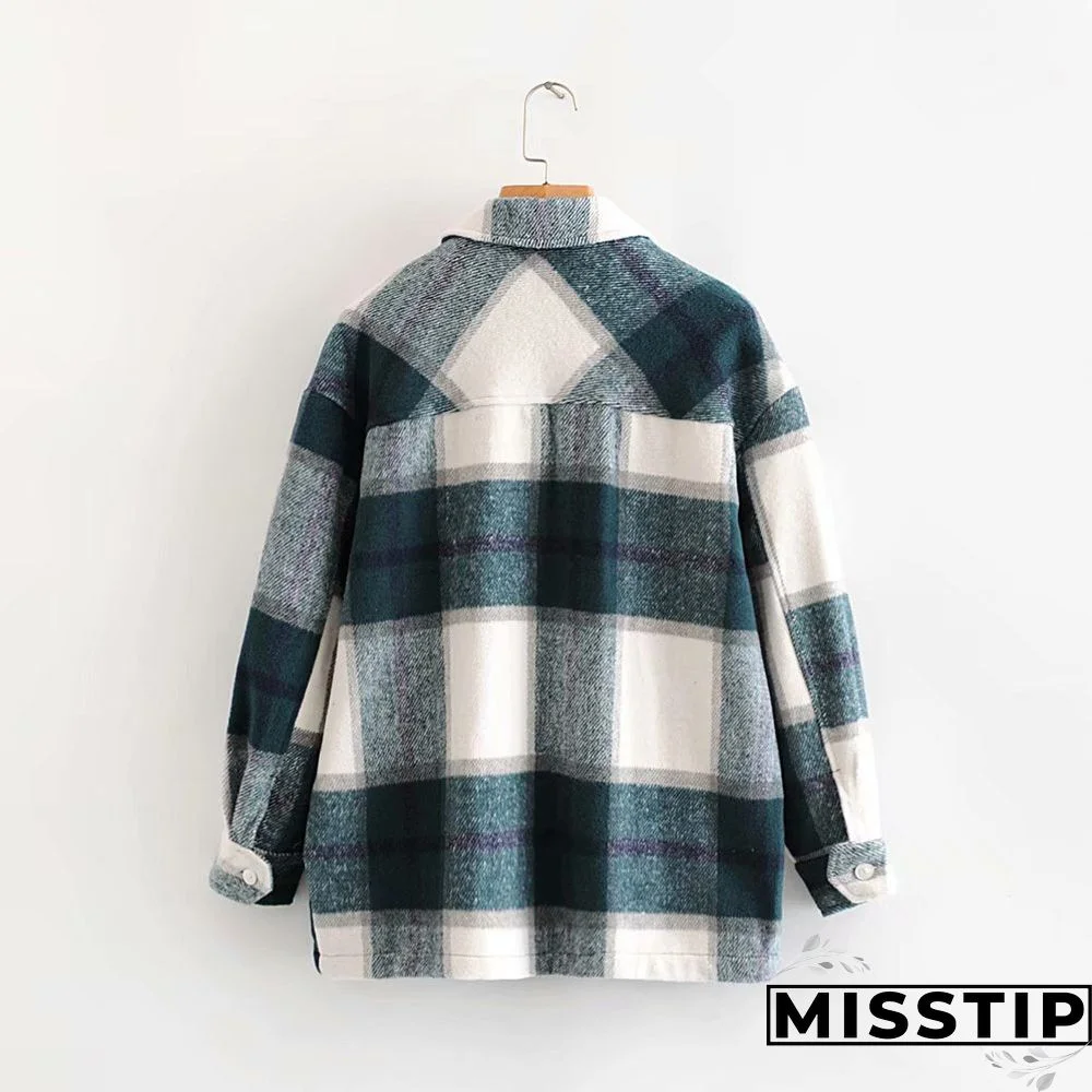 Classic Thick Colorblock Checked Button Down Shirt Jacket Woolen