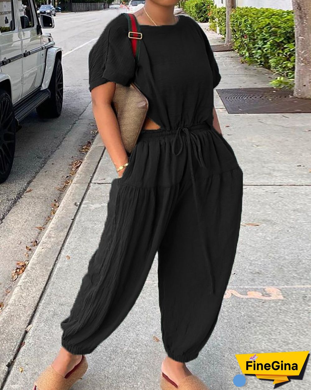 Short Sleeve Top & Pocket Design Drawstring Pants Set