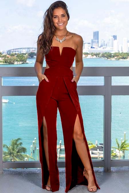  Chic Black Jumpsuit  Strapless Sleeveless Cutout Slit Long Wide Leg JP0007