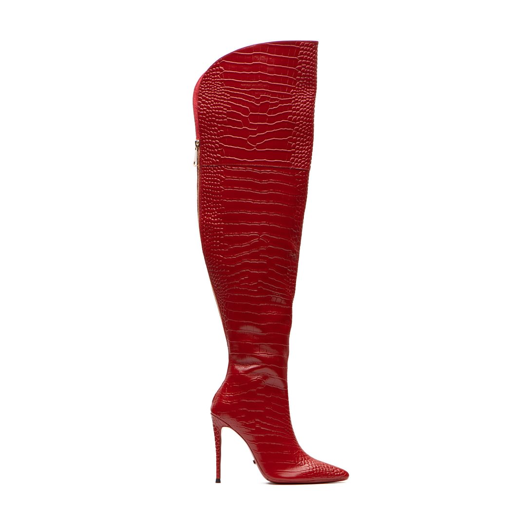 Women‘s Pointed Toe Wide Mouth Large Size Crocodile Pattern Fashion Sexy Over Knee Boots Novameme