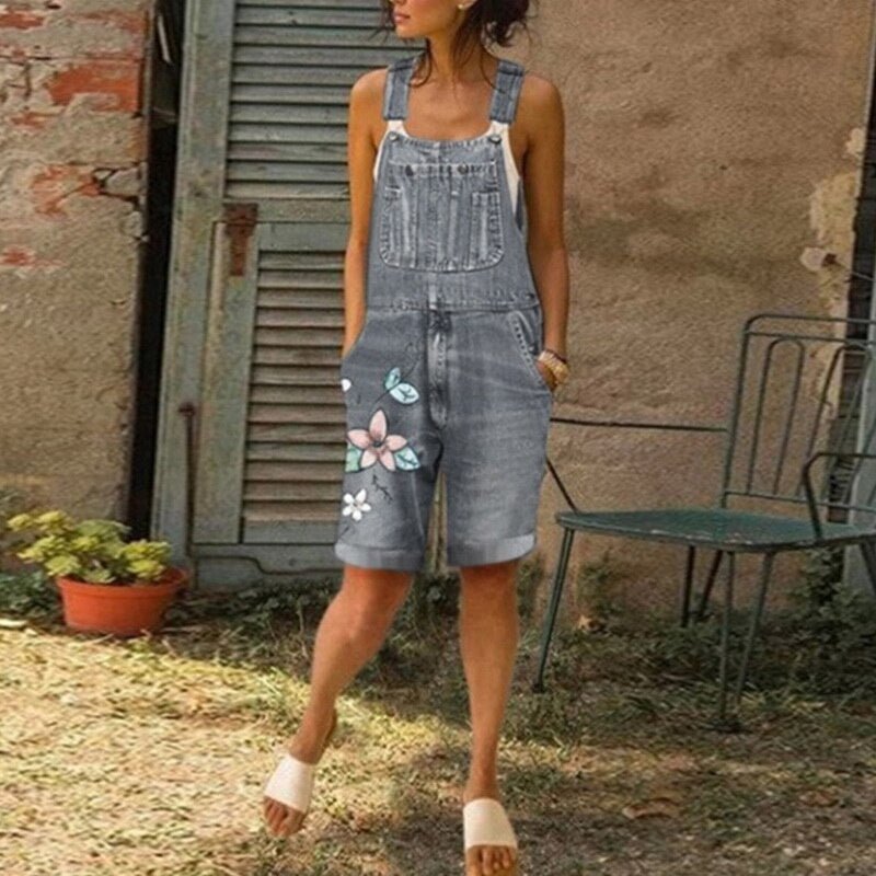 2021 Women Denim Jumpsuit Sleeveless Overalls High Waist Jeans Floral Pant Long Trouser Frayed Jeans Women Romper Jumpsuits
