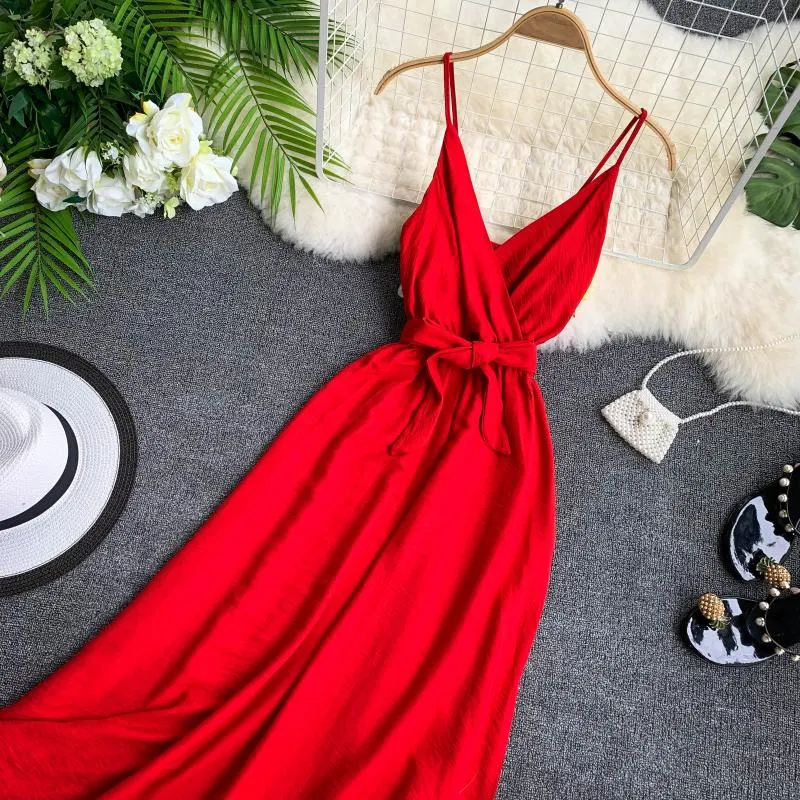 Fitaylor 2021 Women Dress Summer Sexy V Neck Sashes Dress Red White Black Sleeveless Spaghetti Strap Beach Dress Vestido