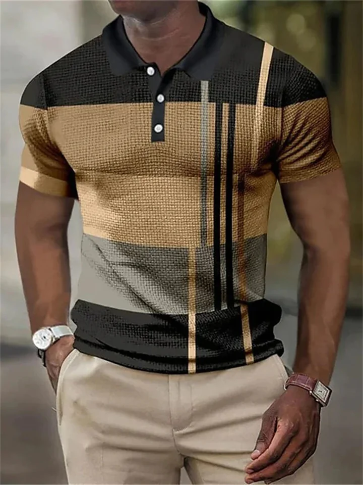 Men's Polo Shirt Golf Shirt Waffle Polo Shirt Striped Graphic Prints Geometry Turndown Black Yellow Pink Red Blue 3D Print Outdoor Street Short Sleeves Button-Down Print Clothing Apparel Fashion-Cosfine