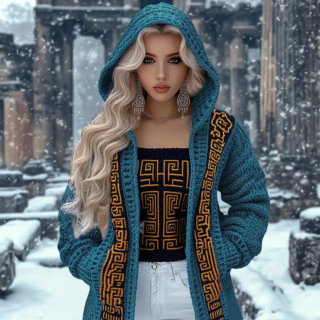 Vintage Greek Key Pattern Knitted Jacquard Hooded Cardigan Sweater