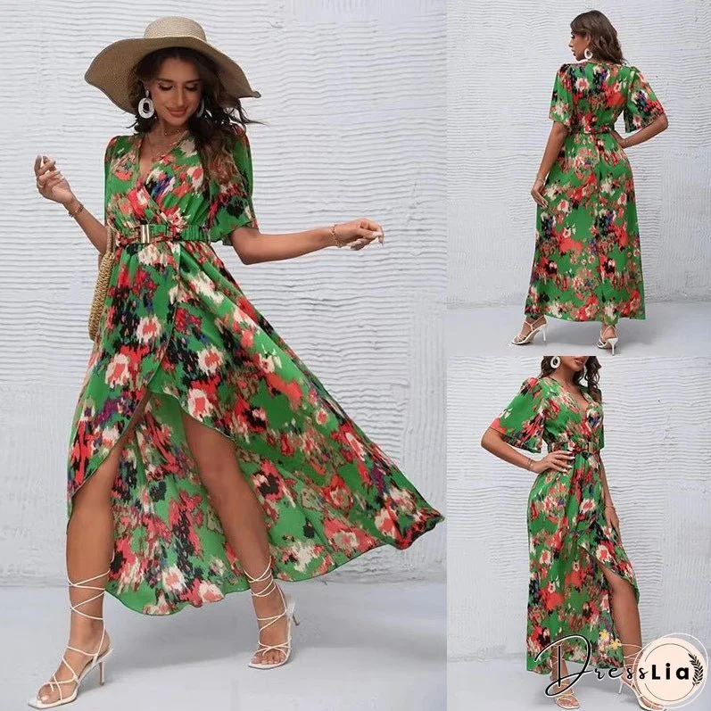 New short-sleeved V-neck pullover irregular beach dress for summer