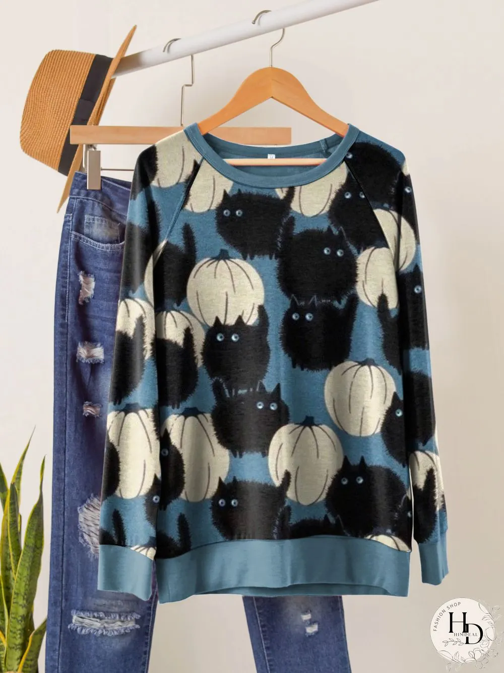 Halloween Cat Pumpkin Print Crew Neck Sweatshirt