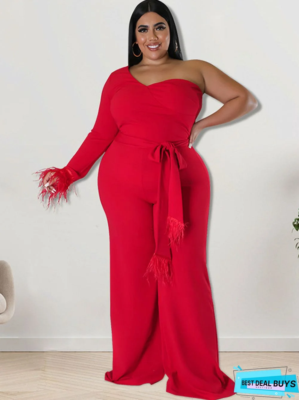 Plus Size One Shoulder Belted Wide Leg Jumpsuits