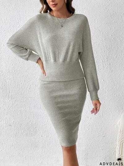 Ribbed Round Neck Top and Skirt Set