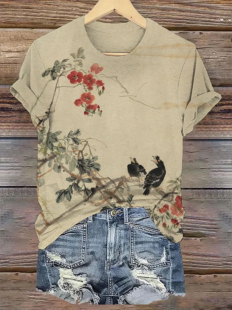 Women's Bird and Floral Print Crew Neck Top socialshop