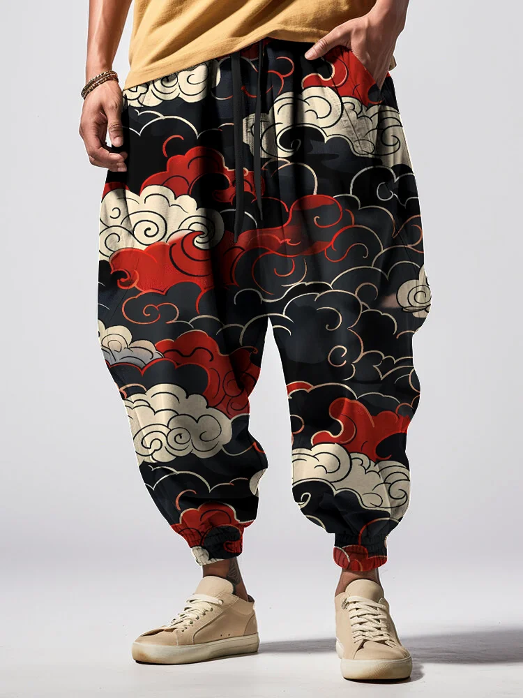 Men's Cloud Japanese Art Print Loose Drawstring Waist Sweatpants