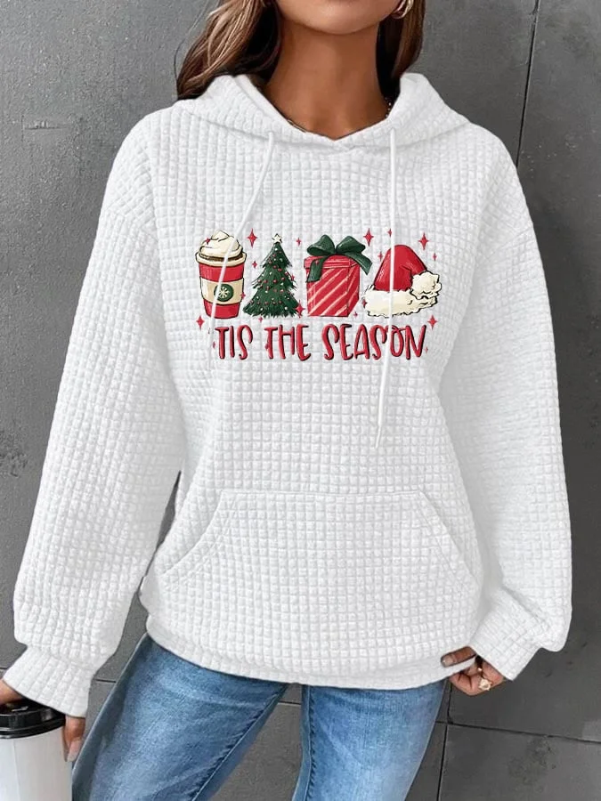 Women's Christmas "TIS THE SEASON" printed waffle hooded sweatshirt
