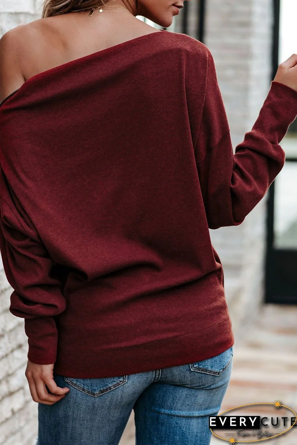 Red Ribbed Zip Knit Top