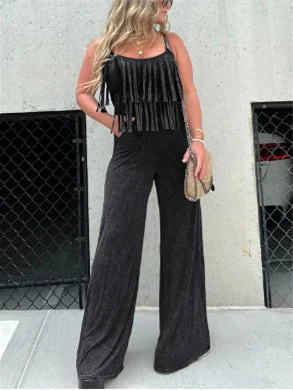 Style & Comfort for Mature Women Women's Sleeveless V-neck Tassels Solid Color Jumpsuit