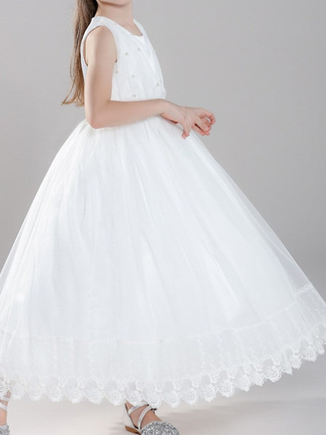 Oknass A-Line Sleeveless Jewel Neck Ankle Length Flower Girl Dress With Pearls