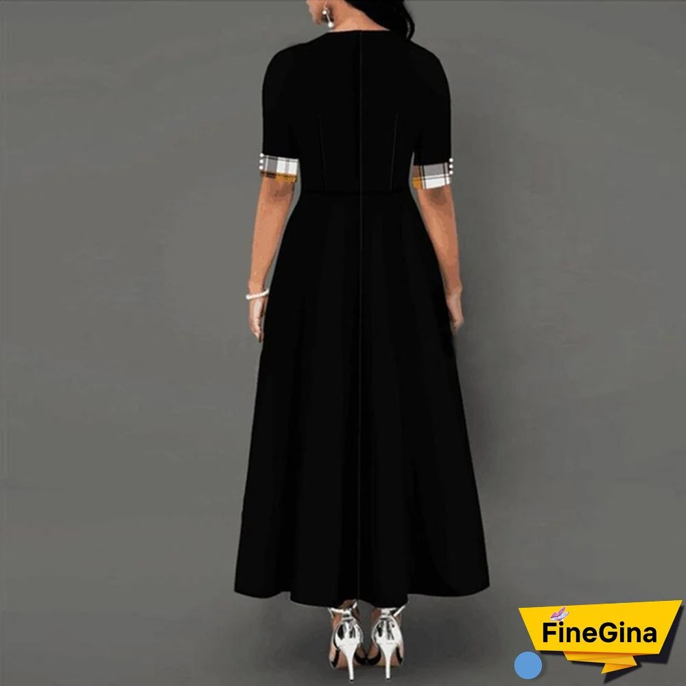 Women's Fashion Half Sleeve Plaid Print Button Detail Maxi Dress Vintage Dress Plus Size S-5XL