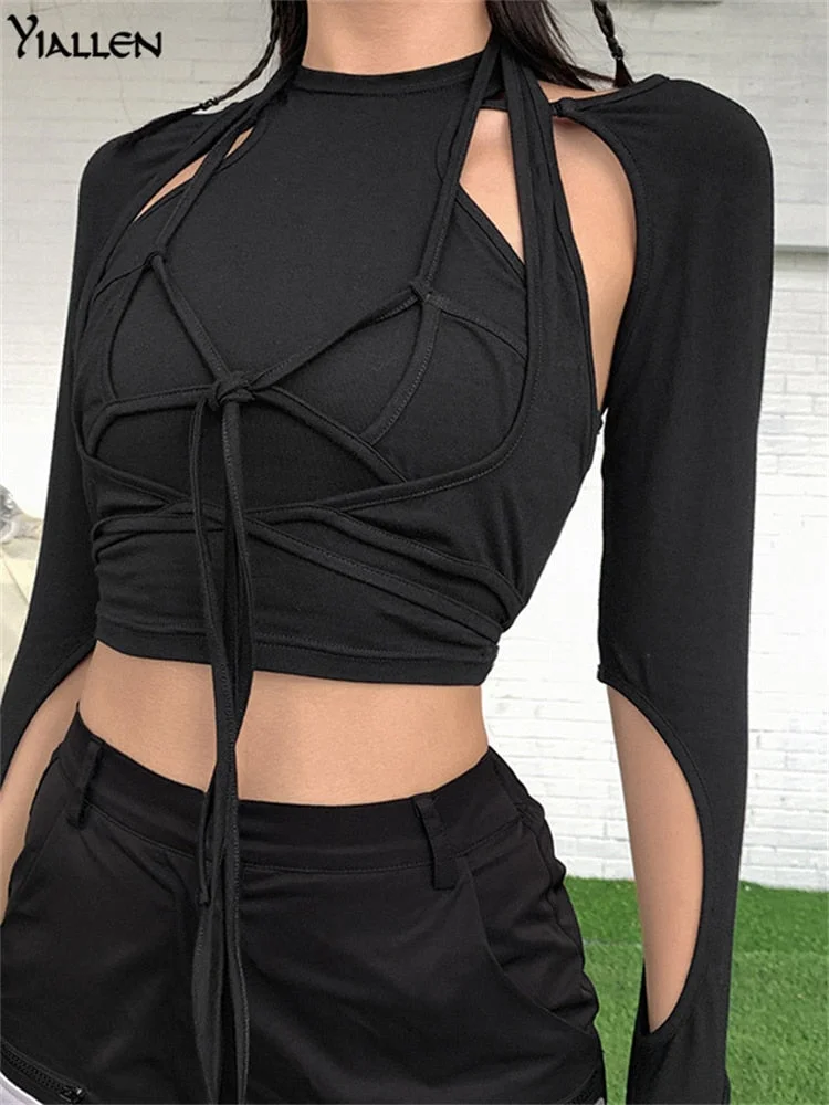 Yiallen Fashion High Street Casual Cotton TShirt Women Spring Autumn Black Slim Streetwear Bow Bandage T Shirt Ladies Top Hot