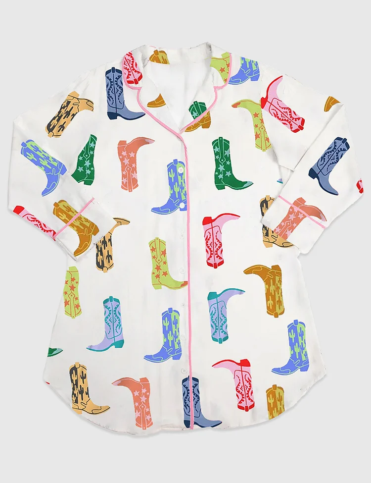 Women&rsquo;s Colorful Cowboy Boot Long Sleeve Satin Sleep Shirt