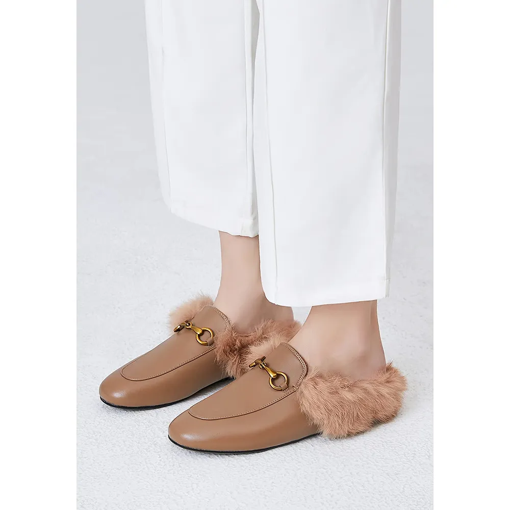 Brown Rabbit Fur Flats Mules Shoes-vocosishoes
