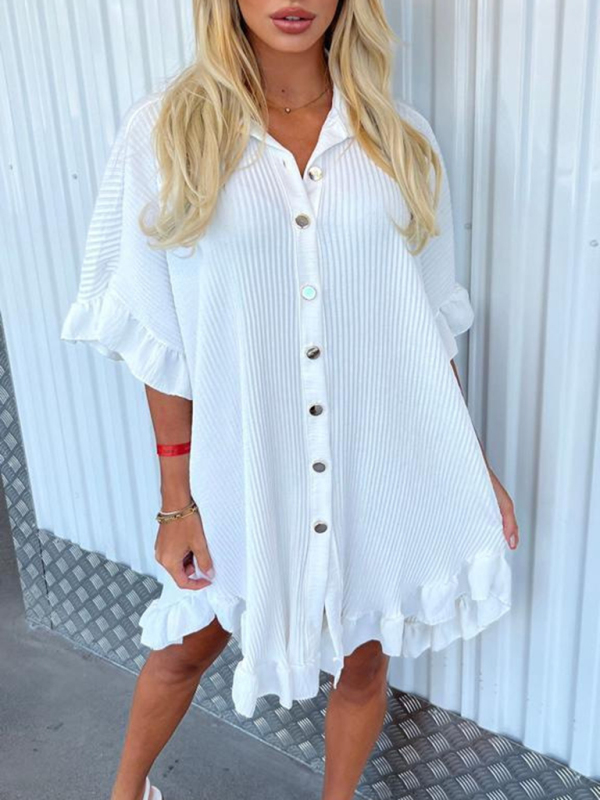 Mature Women Summer New Solid Color Ruffle Sleeve Irregular Shirt Dress