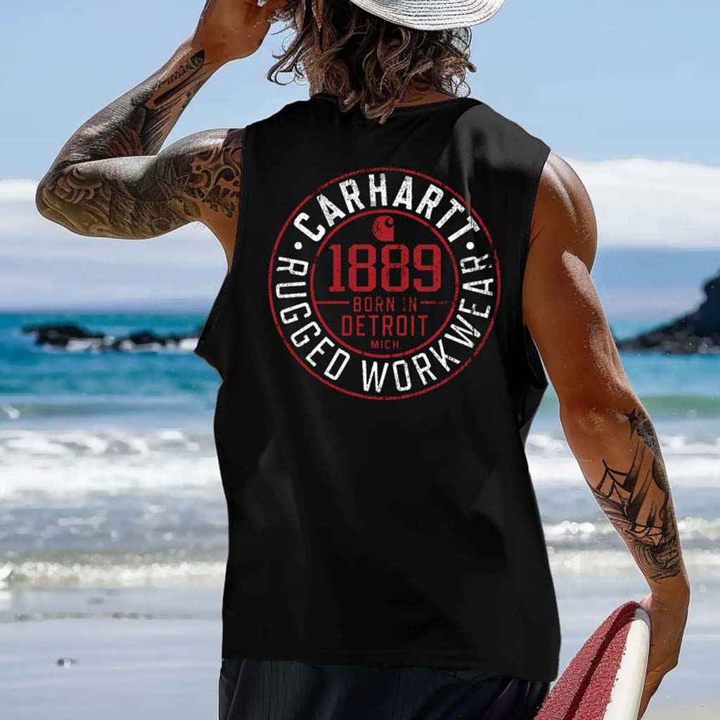 Men's Vintage Surfing 1889 Work Wear Graphic Print Round Neck Sleeveless Tank Top / TECHWEAR CLUB / Techwear