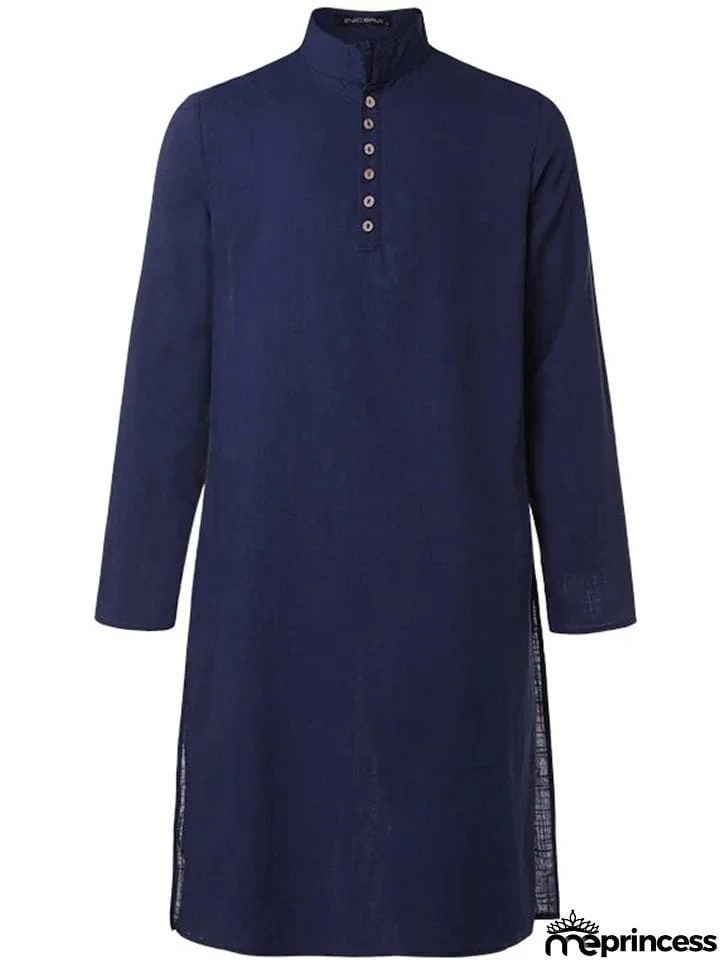 Men's Indian Traditional Kurta Solid Color Cotton Long Shirts Ethnic Outfits