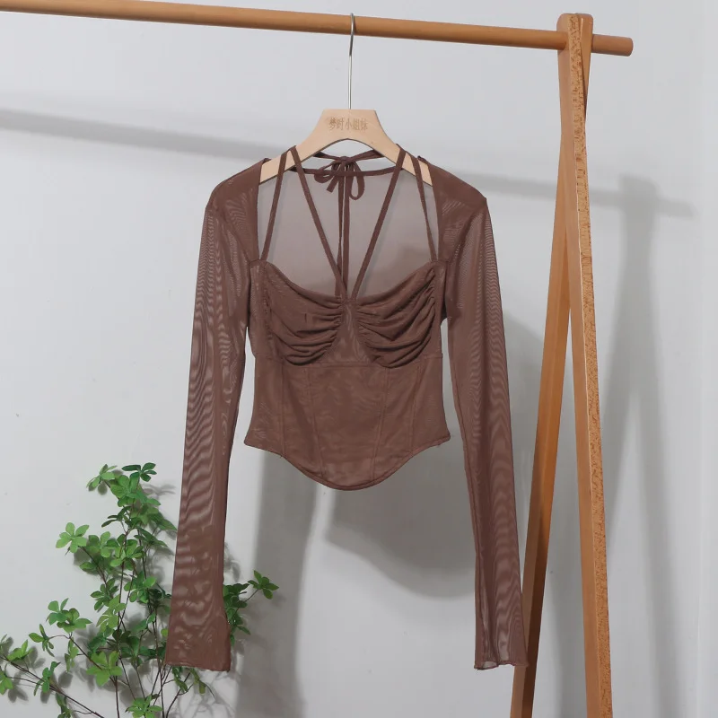 Churchf Sexy Hot Tie Tie With Hanging Neck Long-Sleeved Mesh T-Shirt Repair Short Open Fork Cuff Top 8932