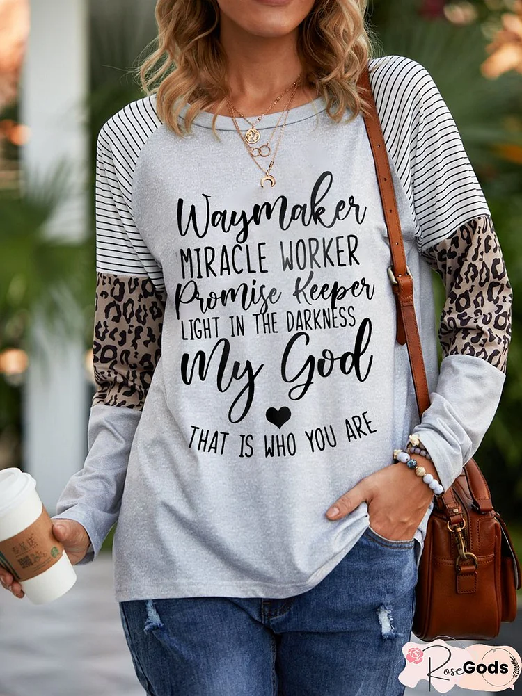 Letter Print Long Sleeve Loose Round Neck Stitching Top