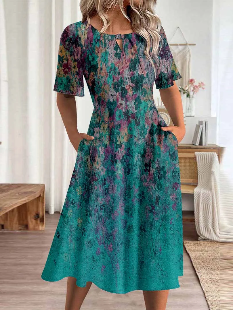 Women Floral,Blue DZHA8056 Short Sleeve Scoop Neck Graphic Printed Hollow Midi Dress