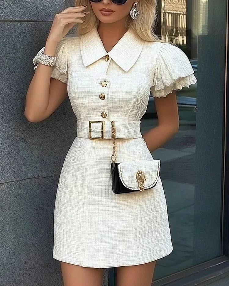 Women's Lapel Short Sleeve Button Tweed Dress