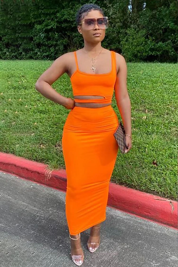 Asymmetric Straps Square Neck Cut Out Top High Waist Midi Skirt Matching Set