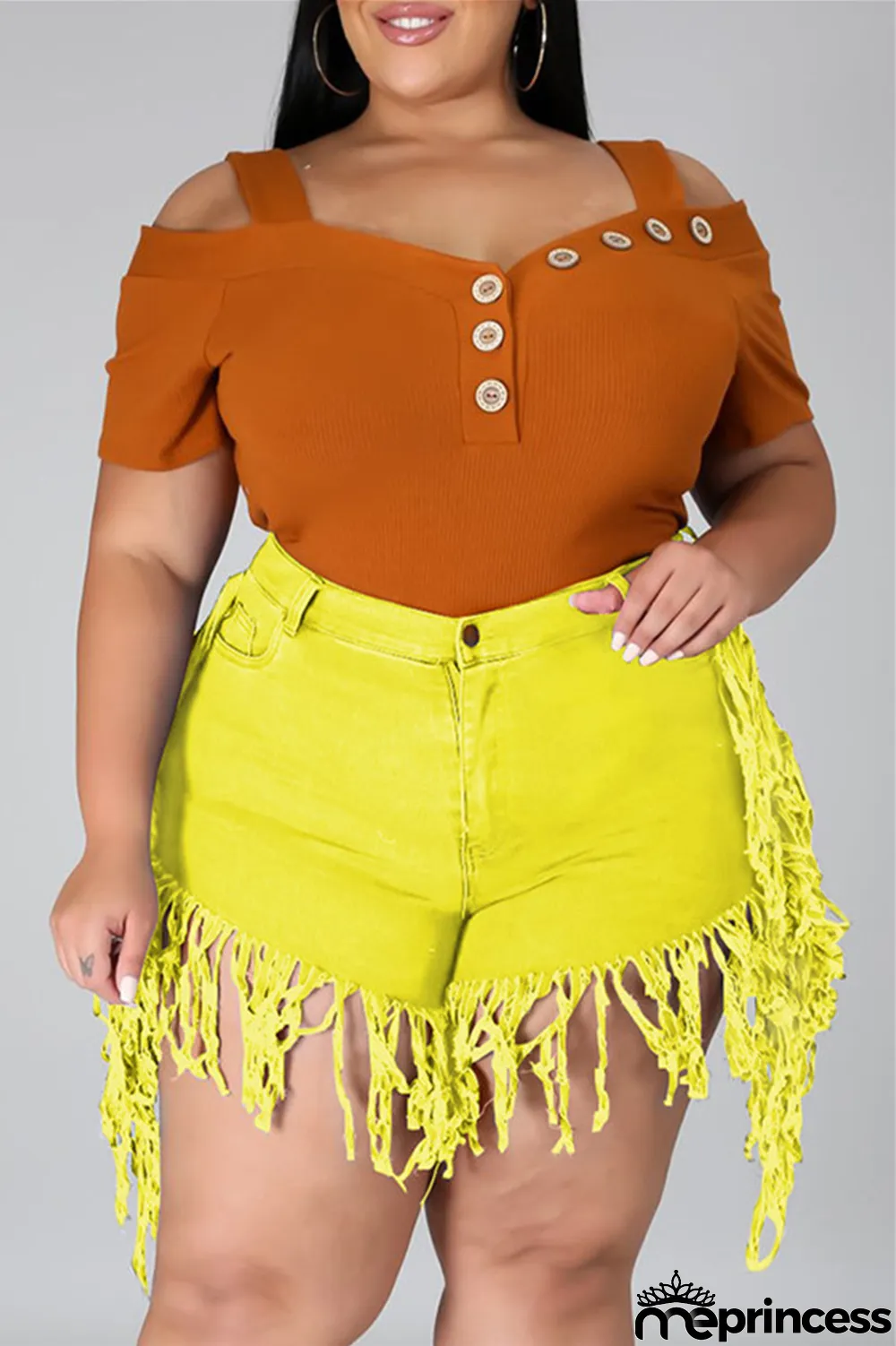 Yellow Fashion Casual Solid Tassel Plus Size Jeans