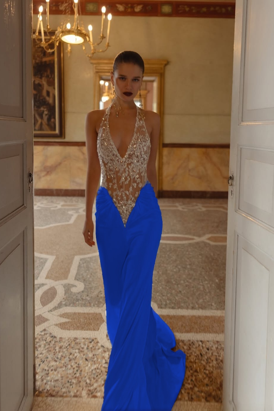 Lussooy Charming Sleeveless White Satin Halter Beaded Prom Dress 